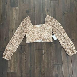 Japna Tan Animal Print Long Sleeve Crop Top Jr. L NWT